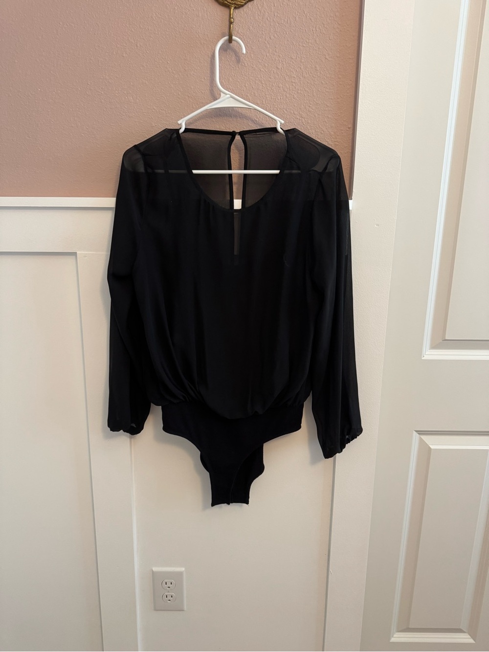 Black Sheer Chiffon Long Sleeve Blouse Bodysuit Back Keyhole